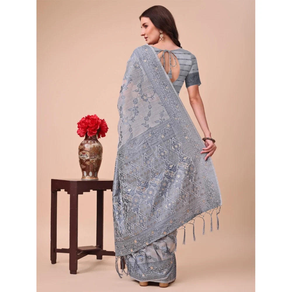 Women's Cotton Printed Saree With Unstitched Blouse 5.5Mtr (Grey)