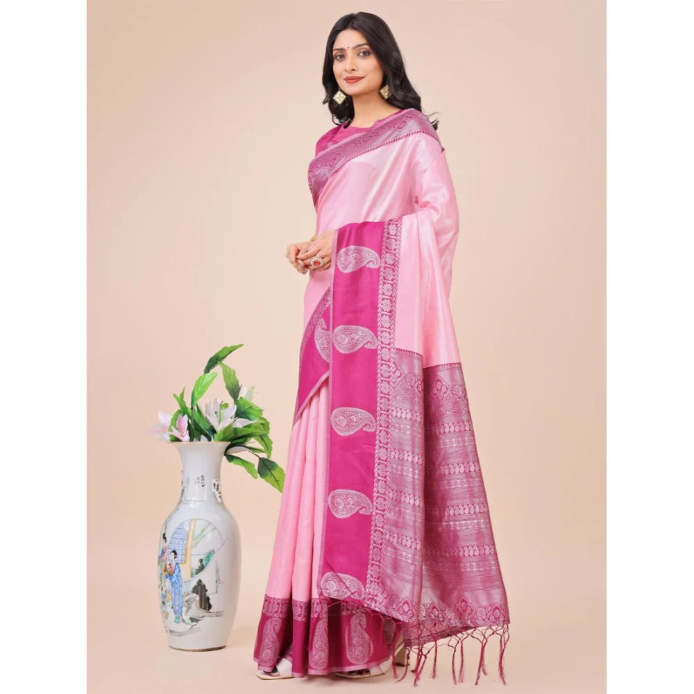 Women's Lichi Silk Printed Saree With Unstitched Blouse 5.5Mtr (Light Pink)