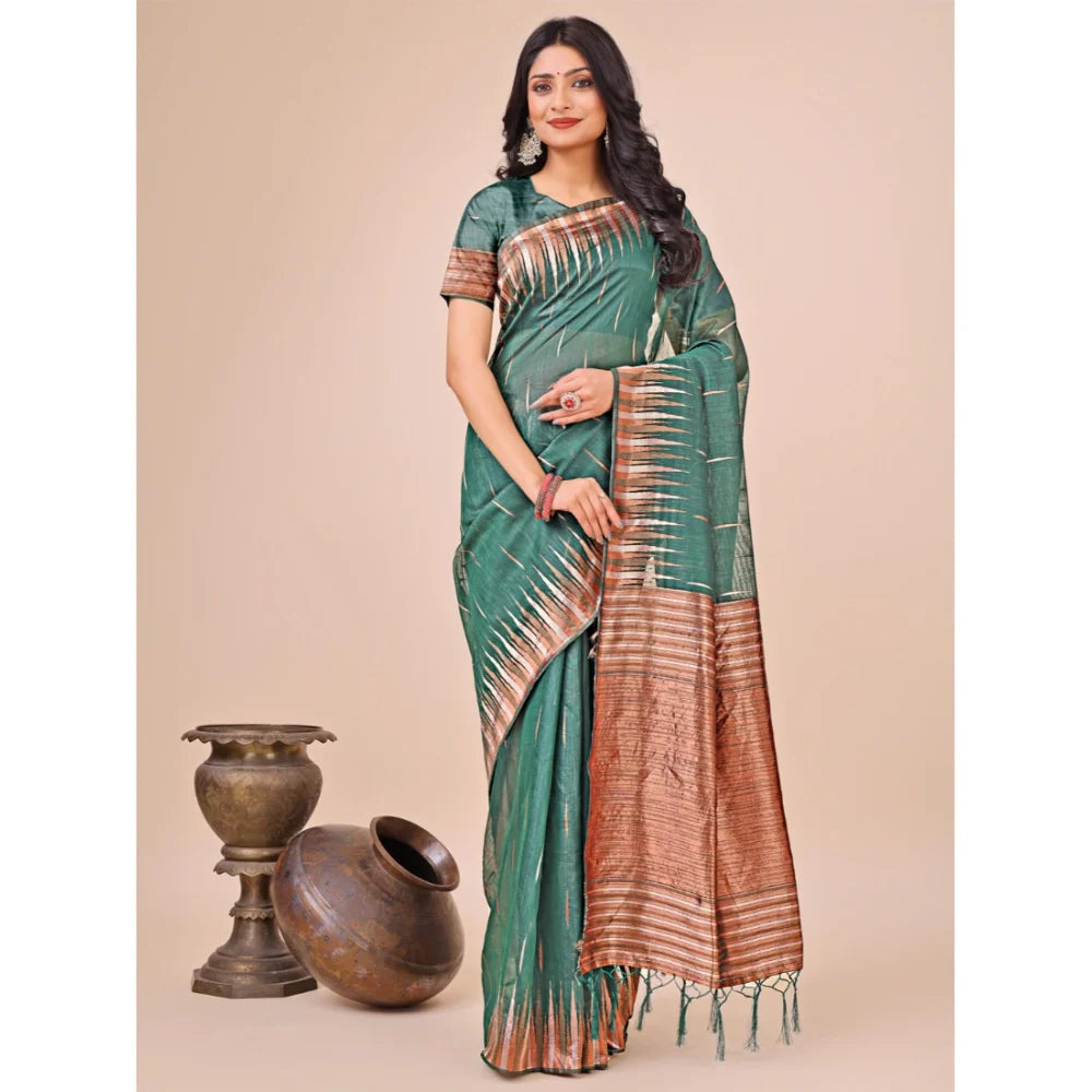 Women's Linen Cotton Printed Saree With Unstitched Blouse 5.5Mtr (Green)