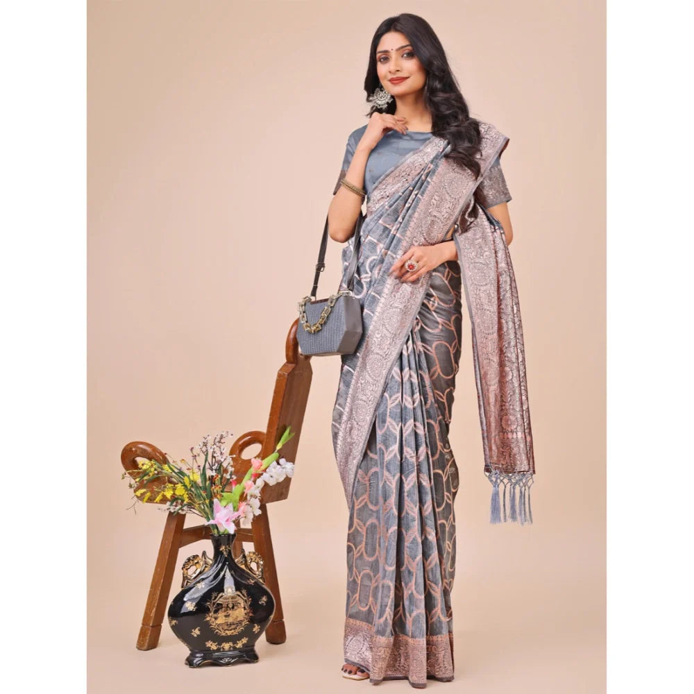 Women's Linen Cotton Printed Saree With Unstitched Blouse 5.5Mtr (Grey)