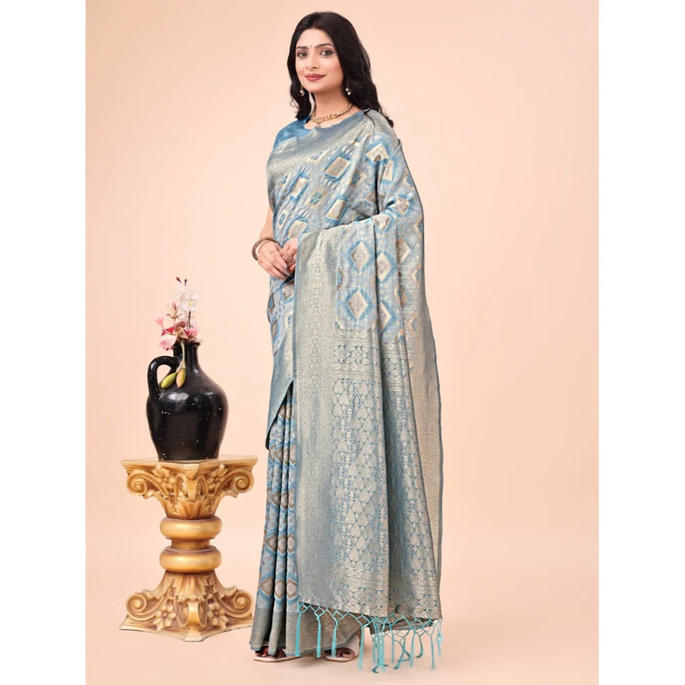 Women's Cotton Printed Saree With Unstitched Blouse 5.5Mtr (Sky Blue)