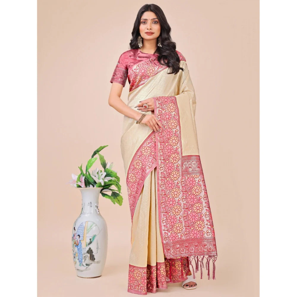 Women's Lichi Silk Printed Saree With Unstitched Blouse 5.5Mtr (Cream)