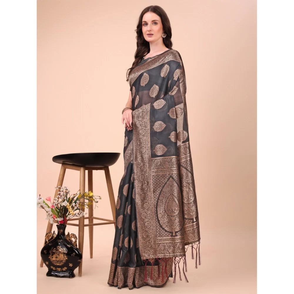Women's Cotton Printed Saree With Unstitched Blouse 5.5Mtr (Black)