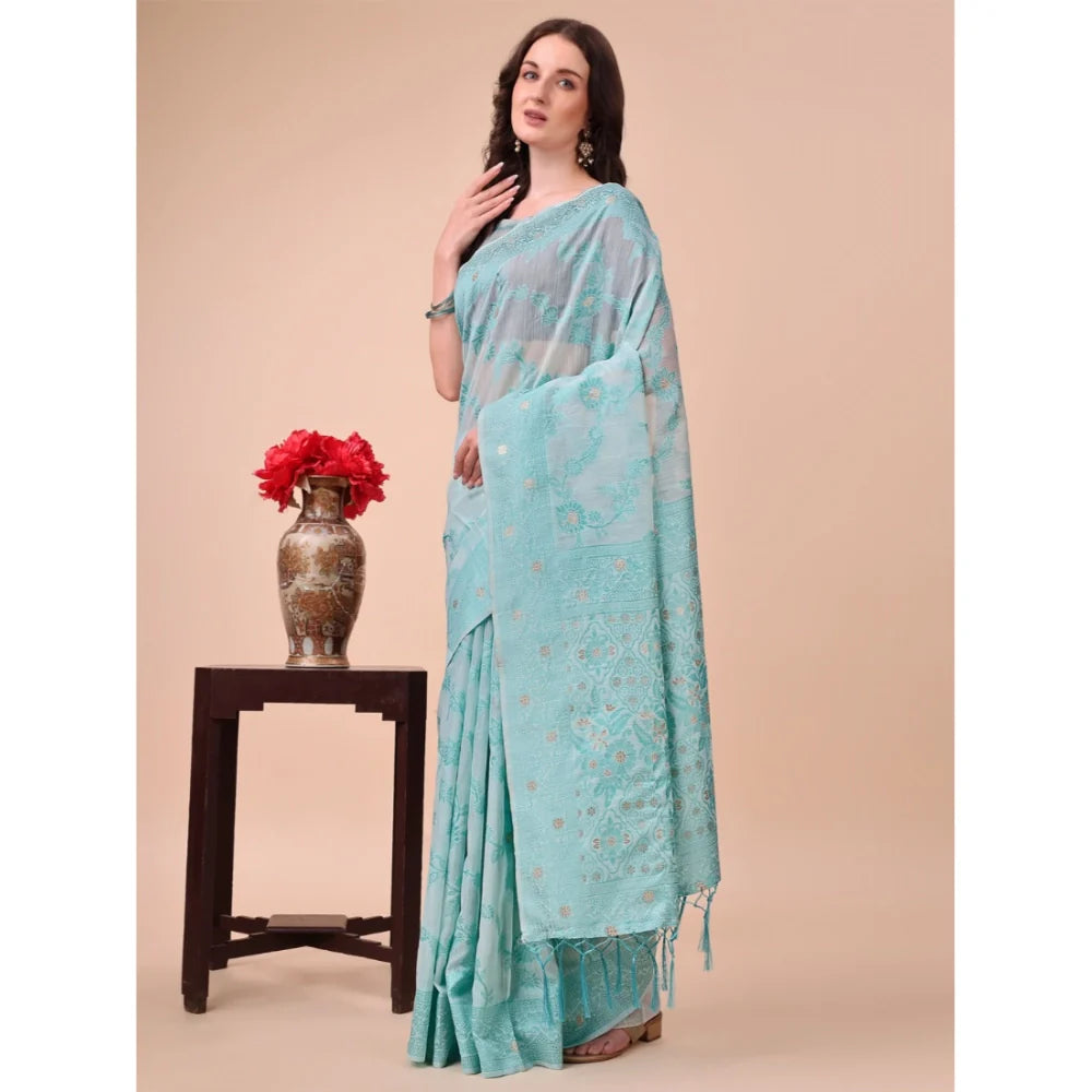 Women's Cotton Printed Saree With Unstitched Blouse 5.5Mtr (Sky Blue)
