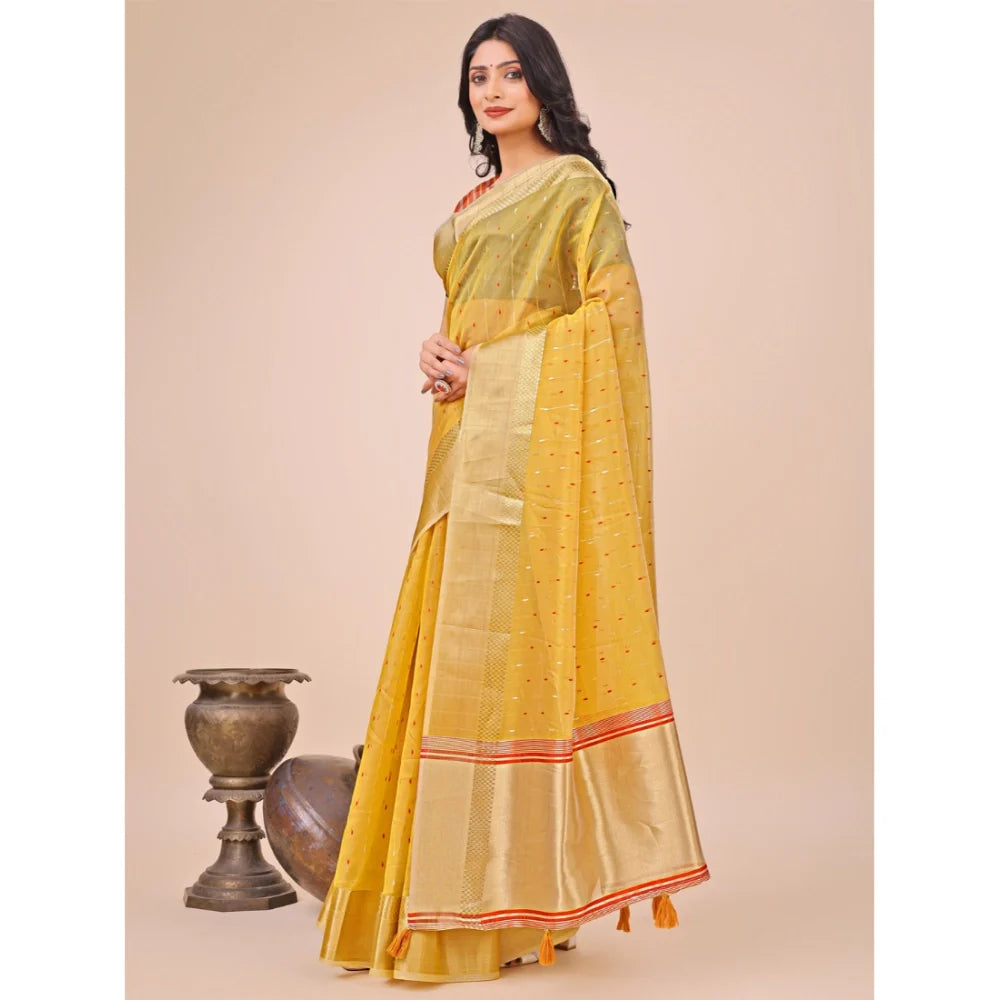 Women's Organza Printed Saree With Unstitched Blouse 5.5Mtr (Yellow)