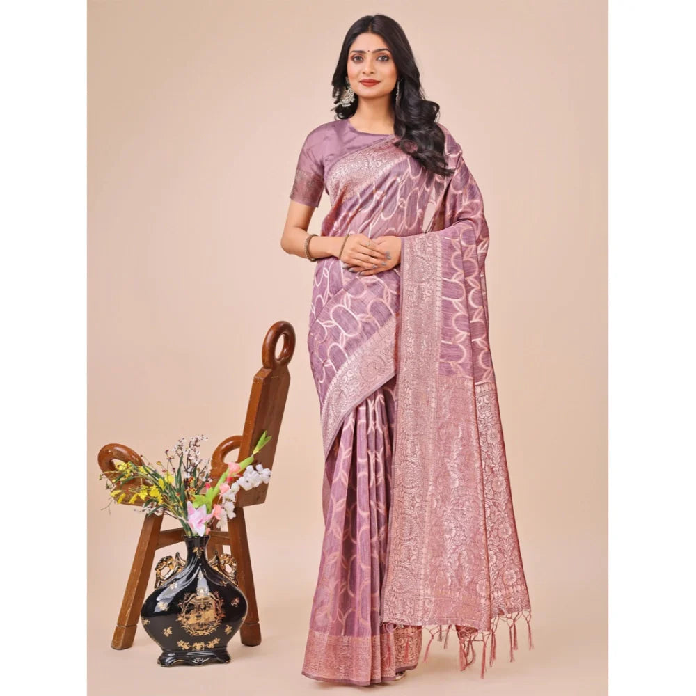 Women's Linen Cotton Printed Saree With Unstitched Blouse 5.5Mtr (Purple)