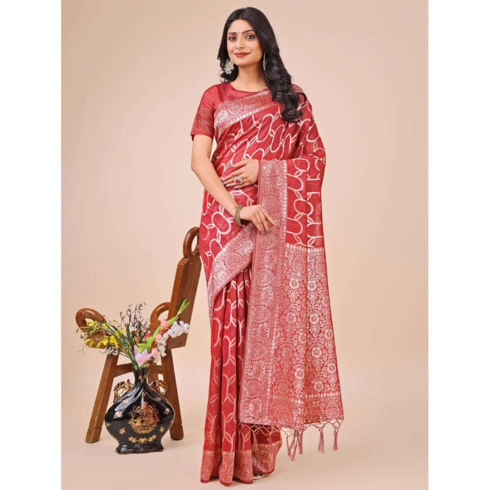 Women's Linen Cotton Printed Saree With Unstitched Blouse 5.5Mtr (Red)