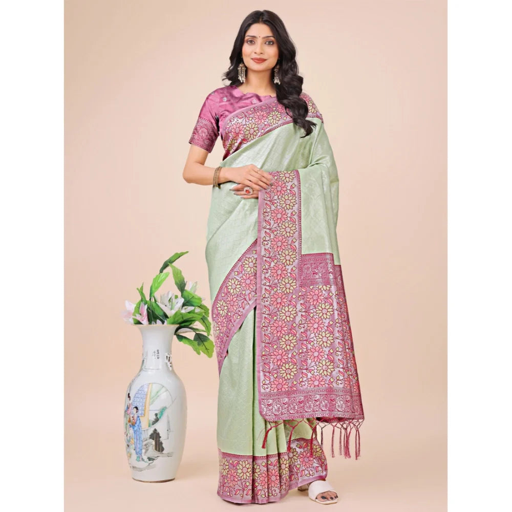 Women's Lichi Silk Printed Saree With Unstitched Blouse 5.5Mtr (Olive Green)