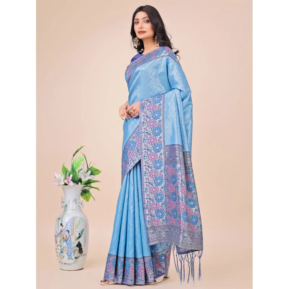 Women's Lichi Silk Printed Saree With Unstitched Blouse 5.5Mtr (Sky Blue)