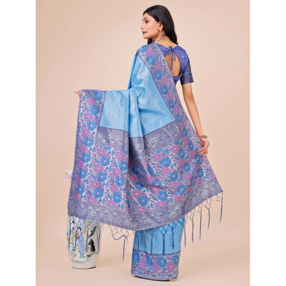 Women's Lichi Silk Printed Saree With Unstitched Blouse 5.5Mtr (Sky Blue)