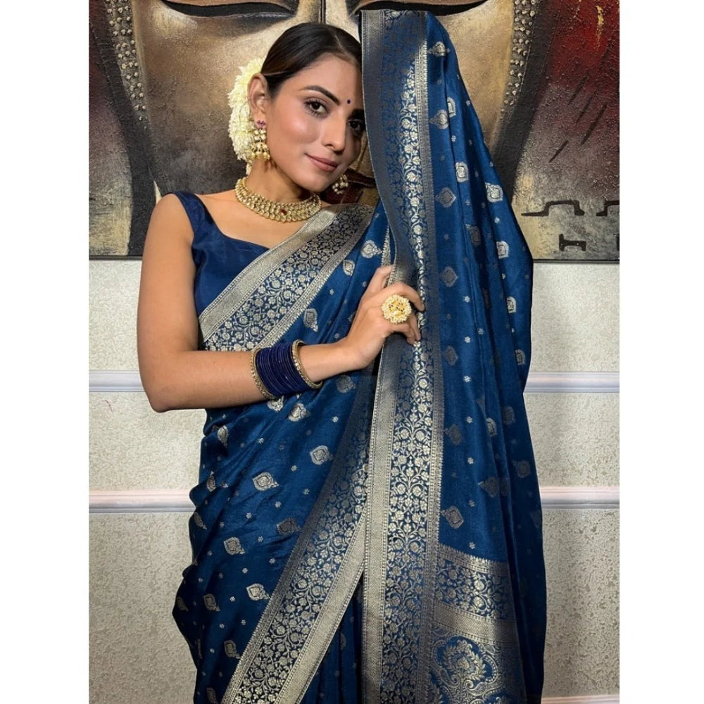 Women's Silk Printed Saree With Unstitched Blouse 5.5Mtr (Rama)