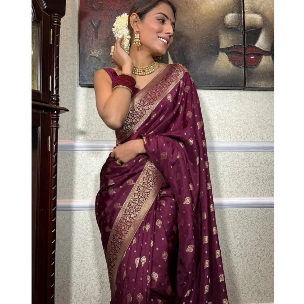 Women's Silk Printed Saree With Unstitched Blouse 5.5Mtr (Wine)