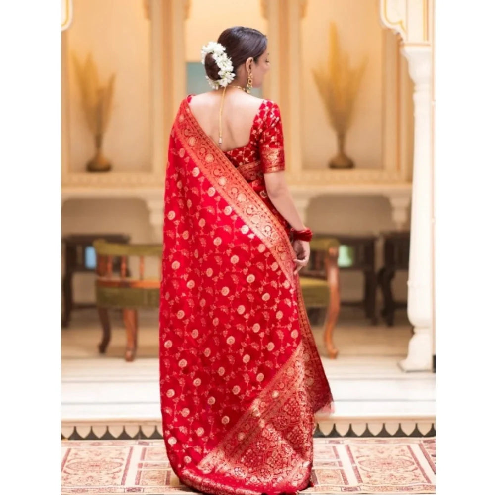 Women's Silk Printed Saree With Unstitched Blouse 5.5Mtr (Red)