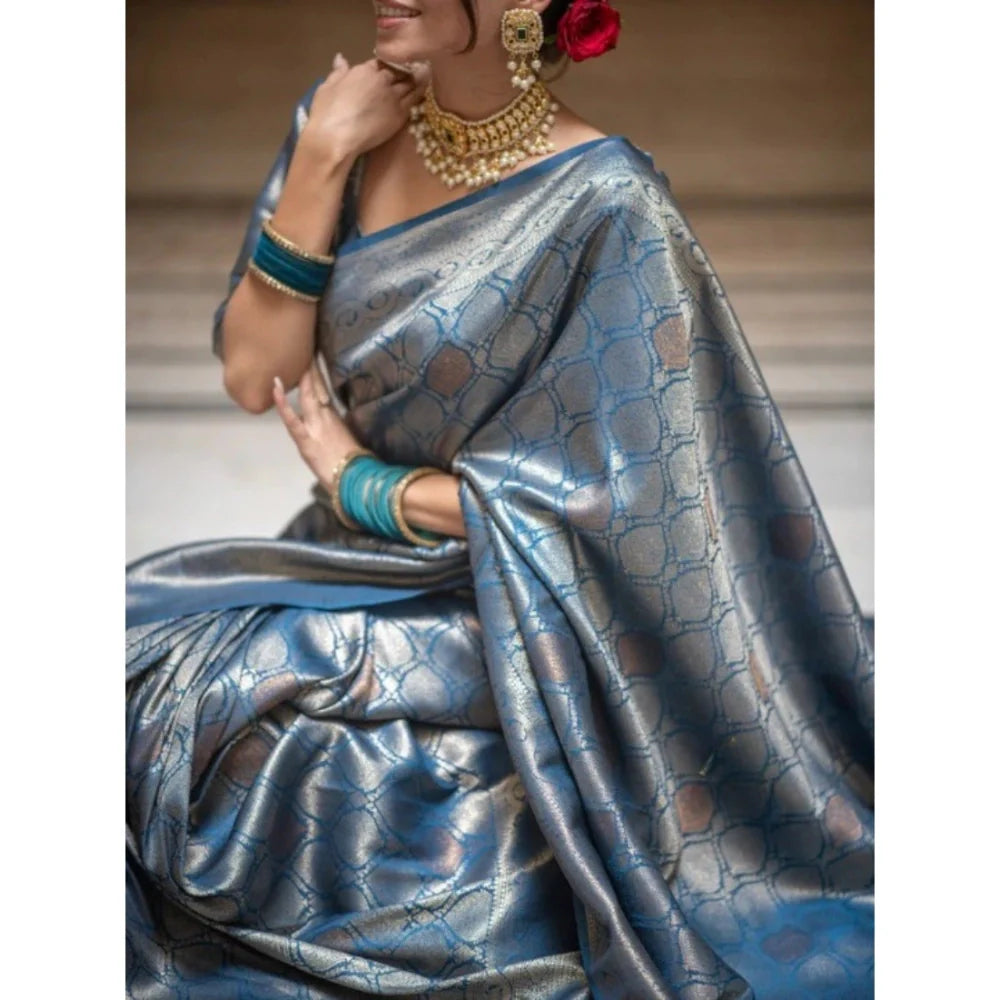 Women's Silk Printed Saree With Unstitched Blouse 5.5Mtr (Rama)