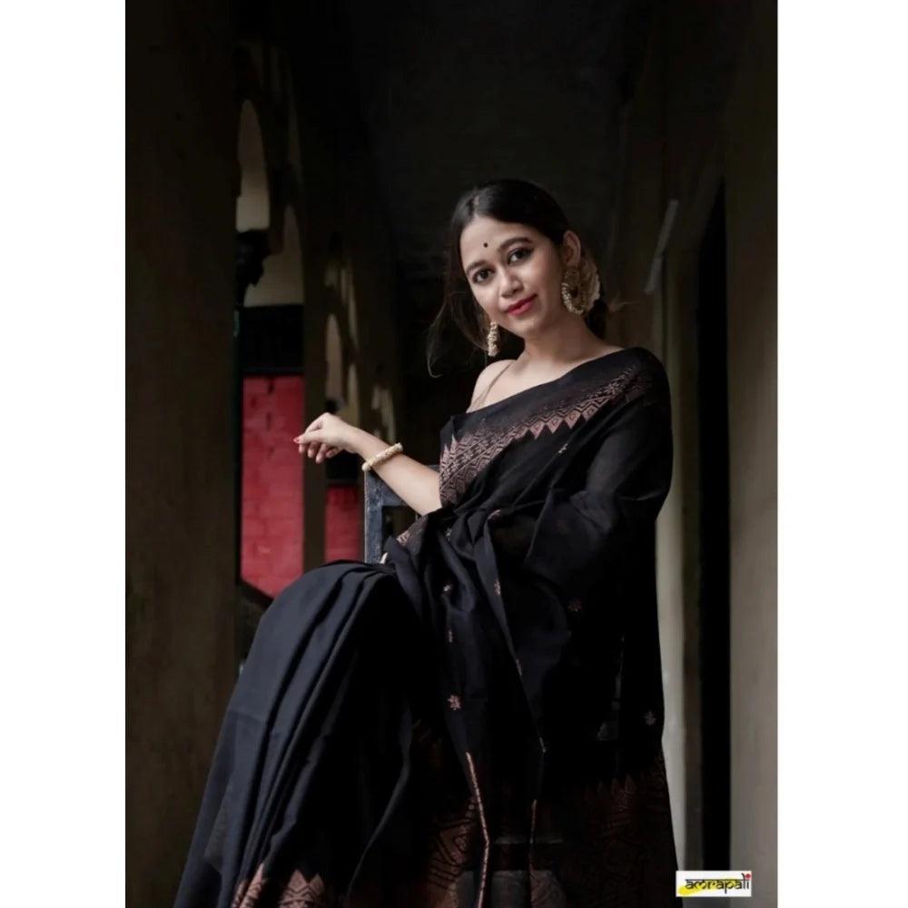 Women's Silk Printed Saree With Unstitched Blouse 5.5Mtr (Black)
