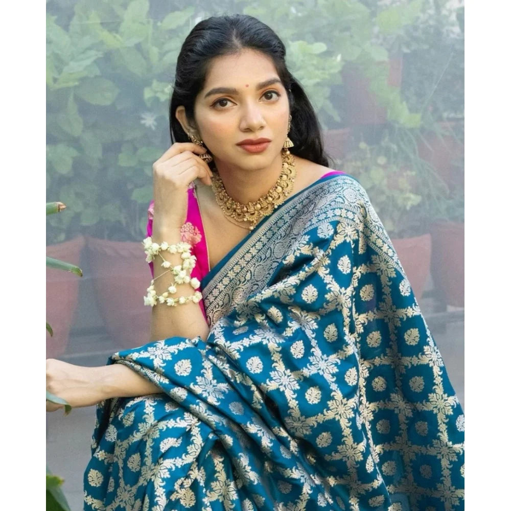 Women's Silk Printed Saree With Unstitched Blouse 5.5Mtr (Sky Blue)
