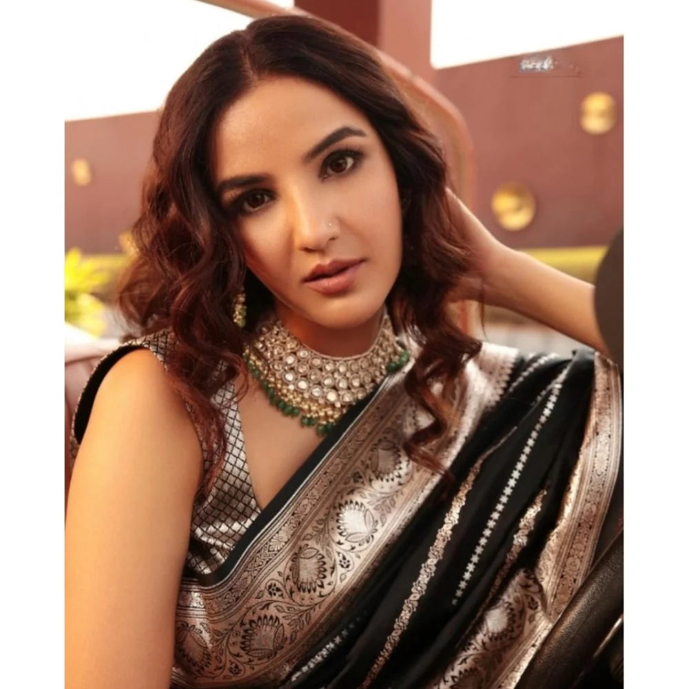 Women's Silk Printed Saree With Unstitched Blouse 5.5Mtr (Black)