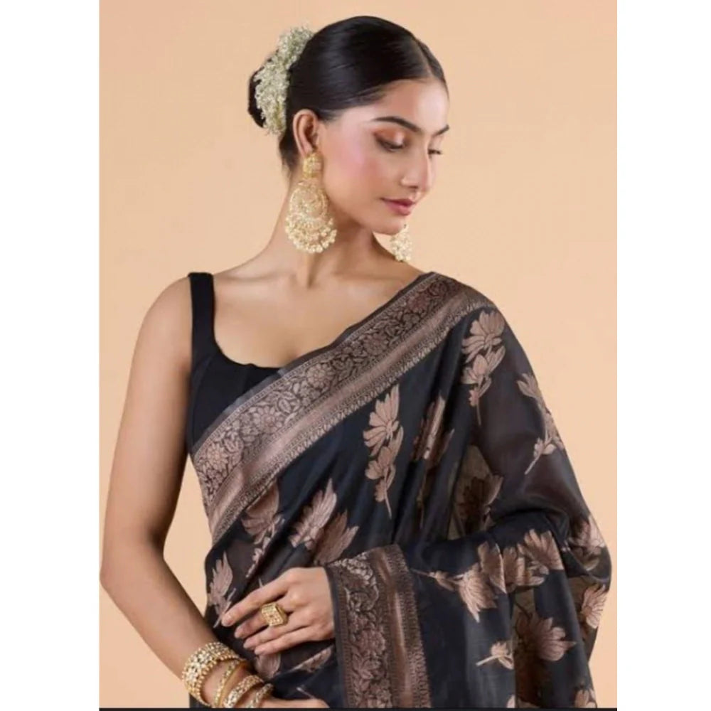 Women's Silk Printed Saree With Unstitched Blouse 5.5Mtr (Black)