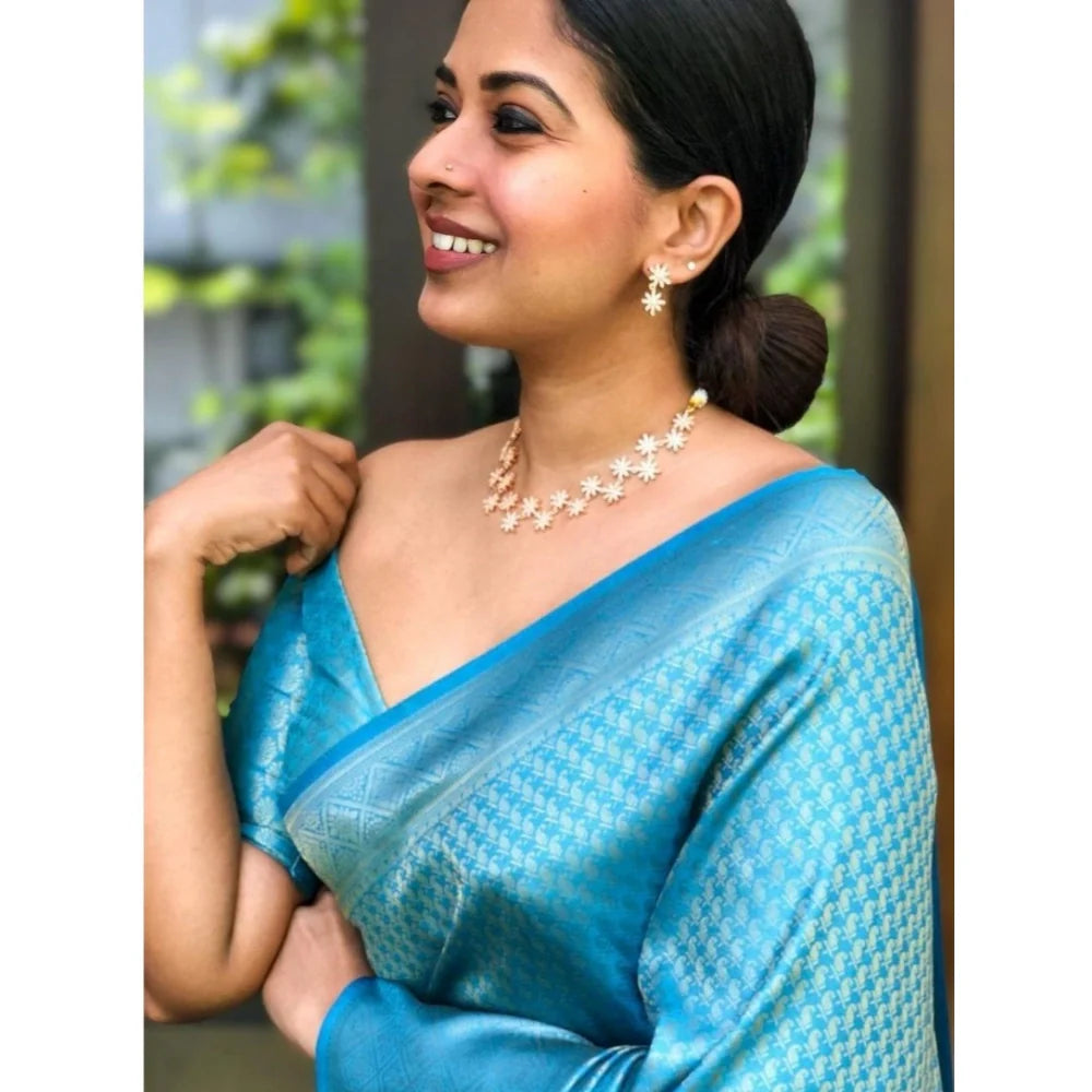 Women's Silk Printed Saree With Unstitched Blouse 5.5Mtr (Sky Blue)
