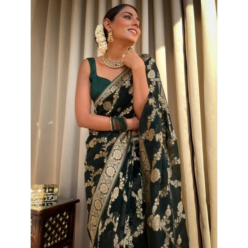 Women's Silk Printed Saree With Unstitched Blouse 5.5Mtr (Dark Green)