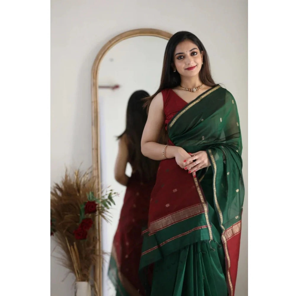 Women's Cotton  Printed Saree With Unstitched Blouse 5.5Mtr (Dark Green)