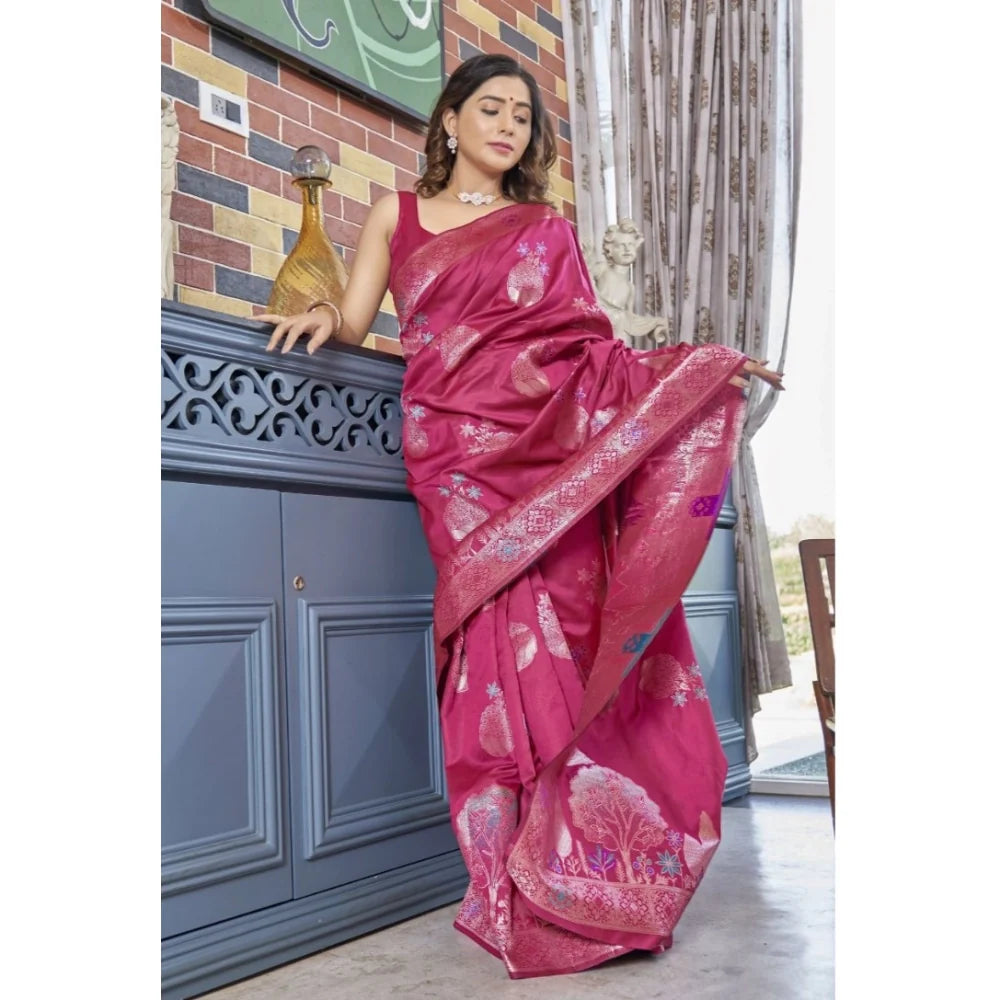 Women's Silk Printed Saree With Unstitched Blouse 5.5Mtr (Rani Pink)