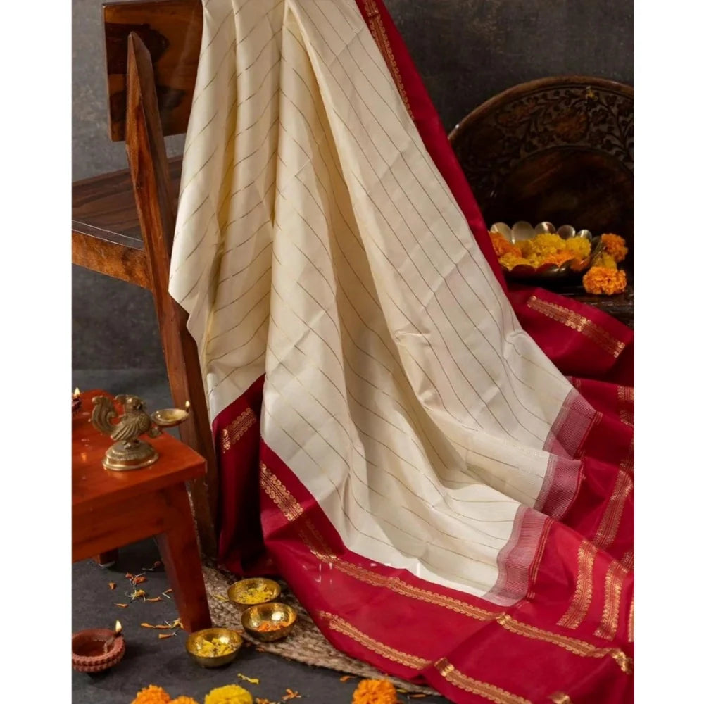 Women's Silk Printed Saree With Unstitched Blouse 5.5Mtr (Off White)