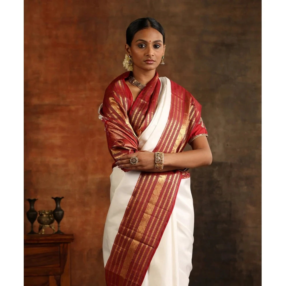 Women's Silk Printed Saree With Unstitched Blouse 5.5Mtr (White-Maroon)