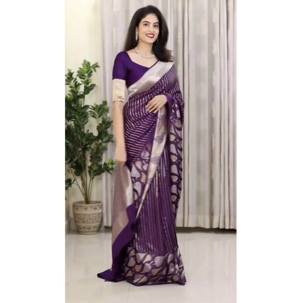 Women's Silk Printed Saree With Unstitched Blouse 5.5Mtr (Purple)