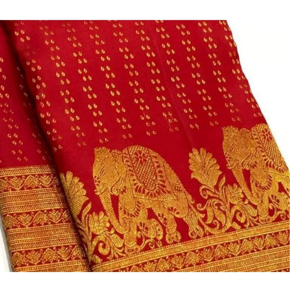 Women's Silk Printed Saree With Unstitched Blouse 5.5Mtr (Red)