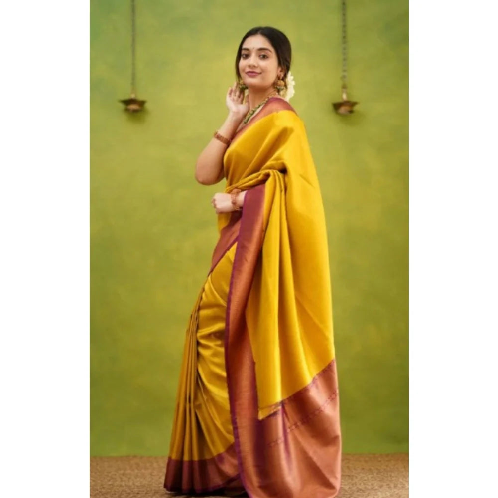 Women's Silk Printed Saree With Unstitched Blouse 5.5Mtr (Yellow)