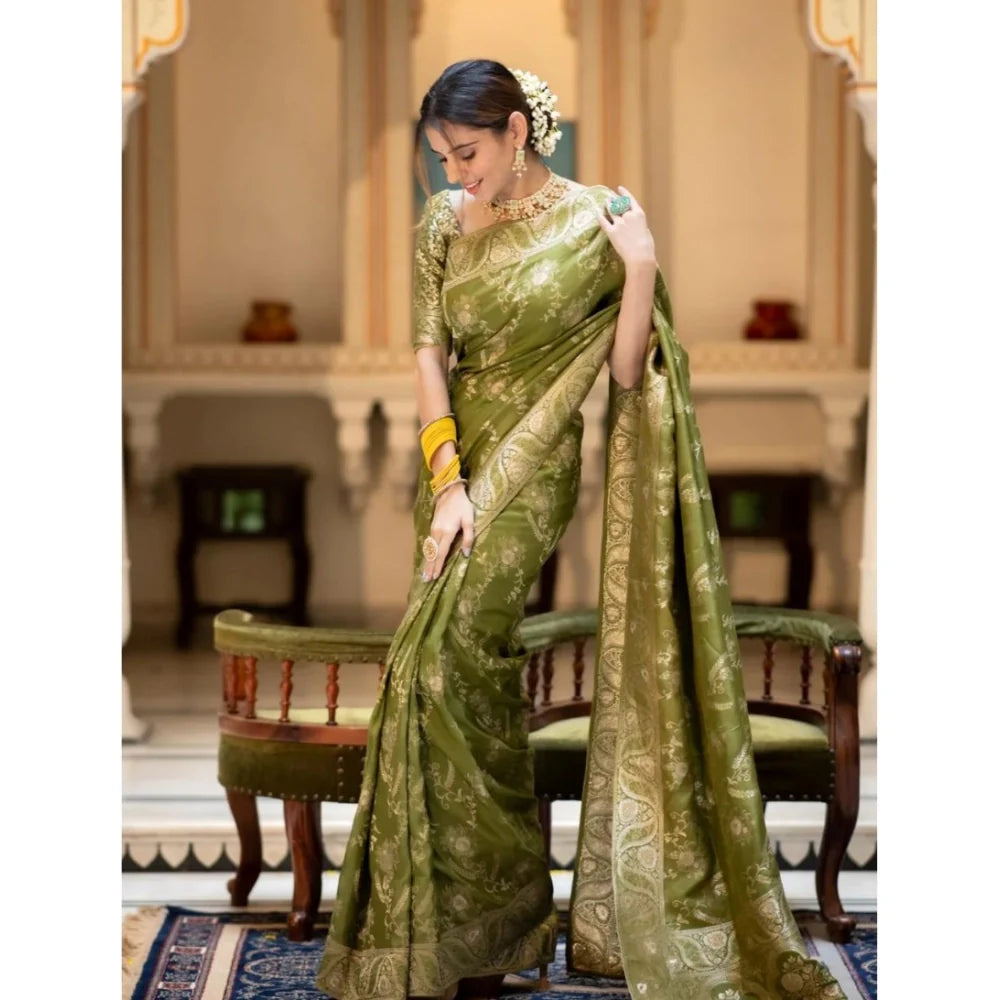 Women's Silk Printed Saree With Unstitched Blouse 5.5Mtr (Olive Green)