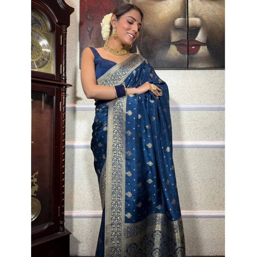 Women's Silk Printed Saree With Unstitched Blouse 5.5Mtr (Rama)