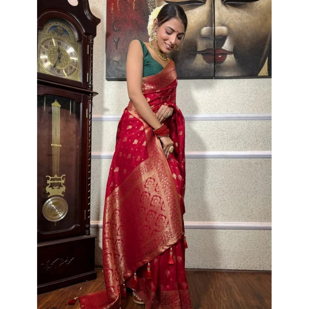 Women's Silk Printed Saree With Unstitched Blouse 5.5Mtr (Red)