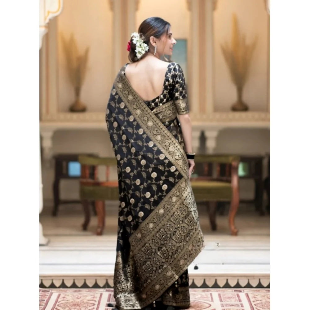 Women's Silk Printed Saree With Unstitched Blouse 5.5Mtr (Black)