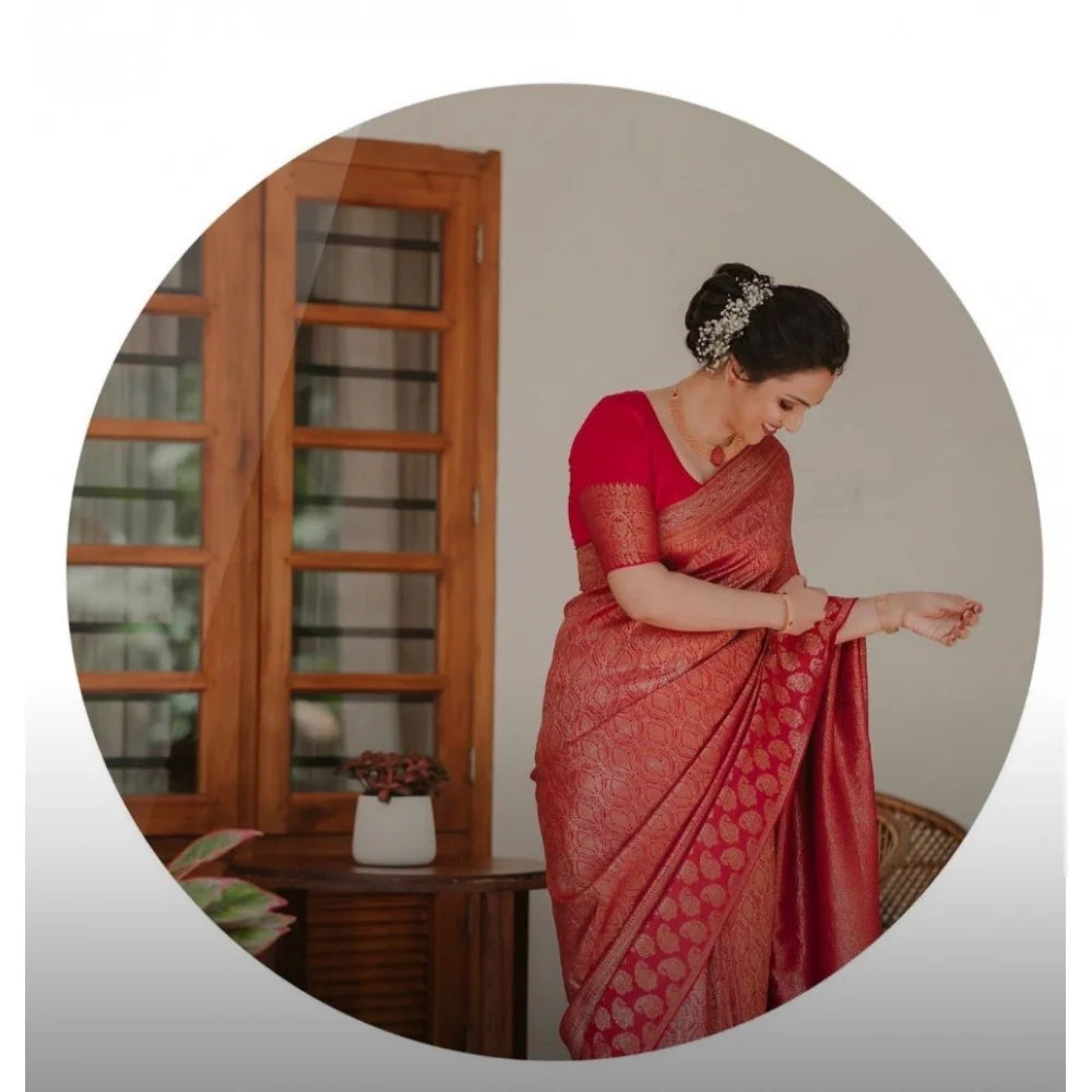 Women's Silk Printed Saree With Unstitched Blouse 5.5Mtr (Red)