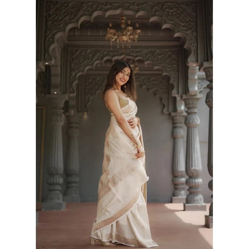 Women's Cotton  Printed Saree With Unstitched Blouse 5.5Mtr (Cream)