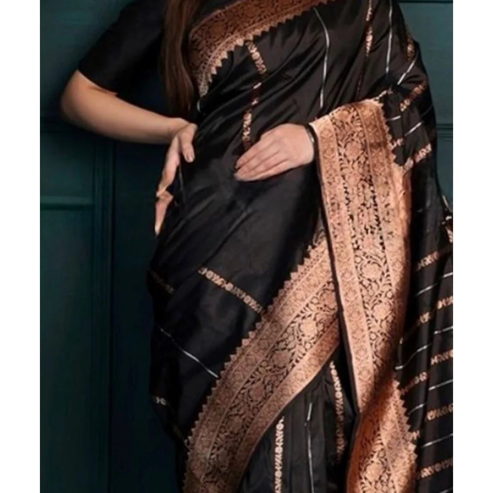 Women's Silk Printed Saree With Unstitched Blouse 5.5Mtr (Black)