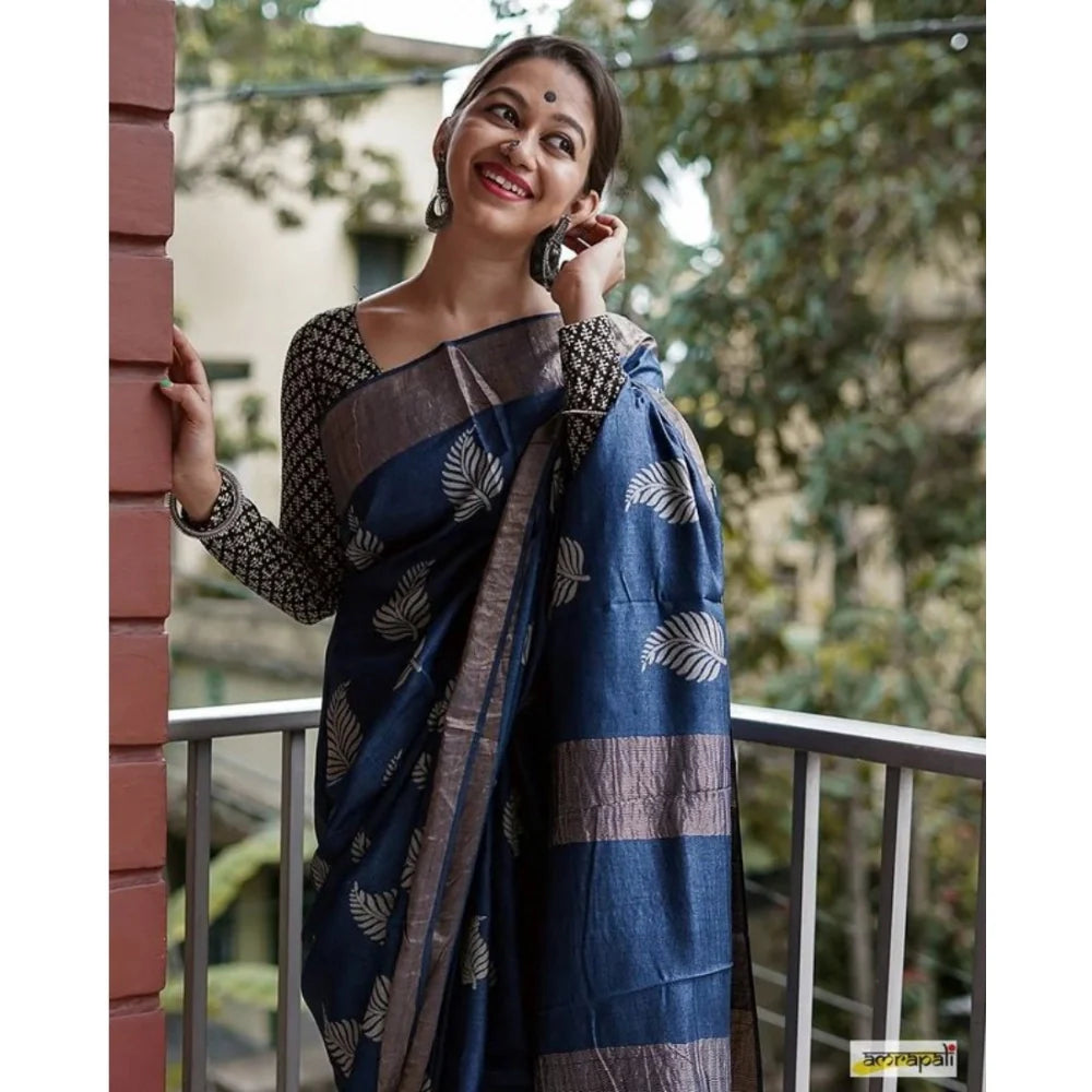 Women's Silk Printed Saree With Unstitched Blouse 5.5Mtr (Navy Blue)
