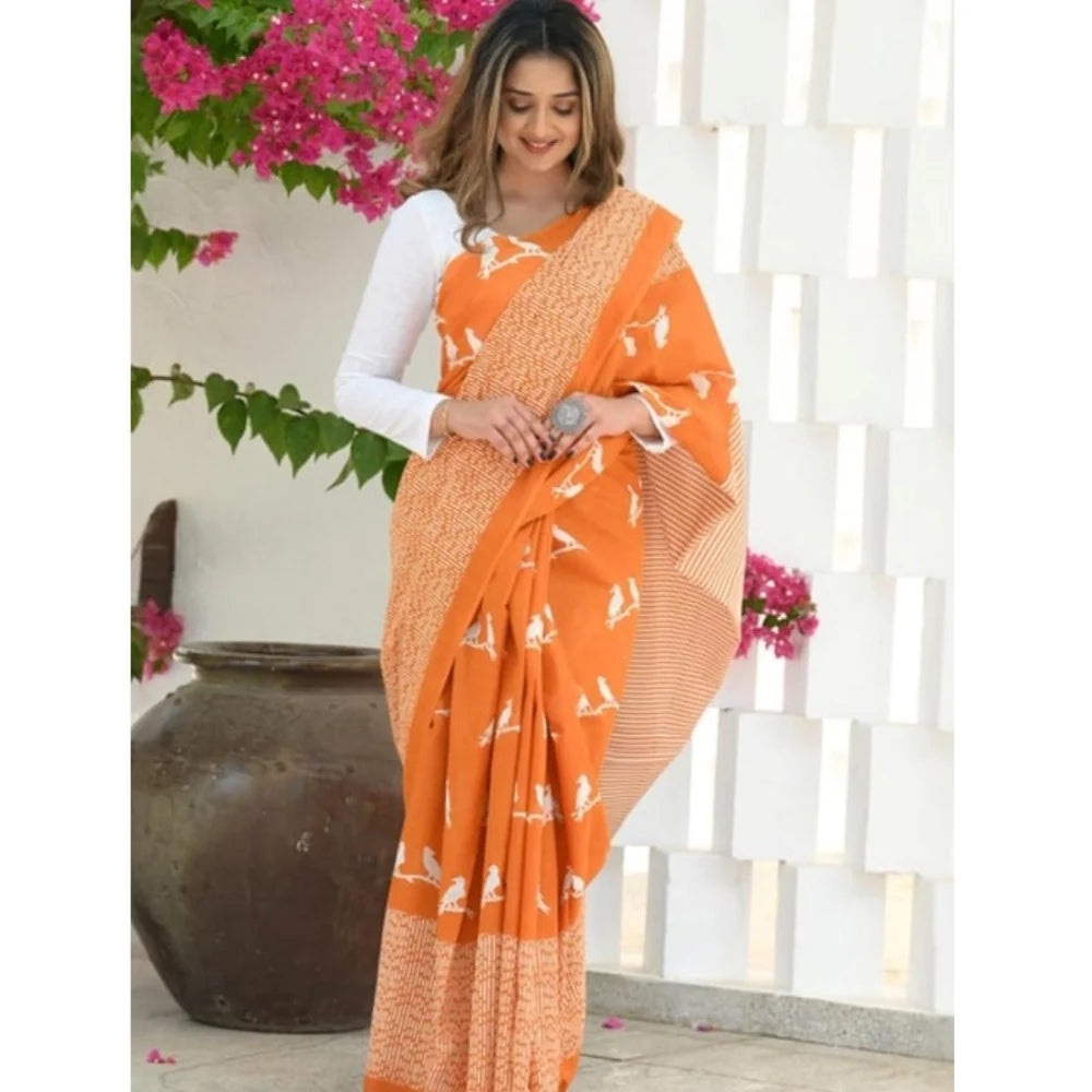 Women's Silk Printed Saree With Unstitched Blouse 5.5Mtr (Orange)