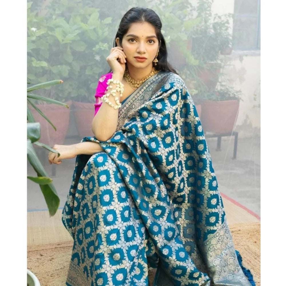 Women's Silk Printed Saree With Unstitched Blouse 5.5Mtr (Sky Blue)