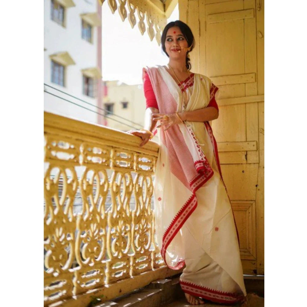 Women's Cotton  Printed Saree With Unstitched Blouse 5.5Mtr (White)
