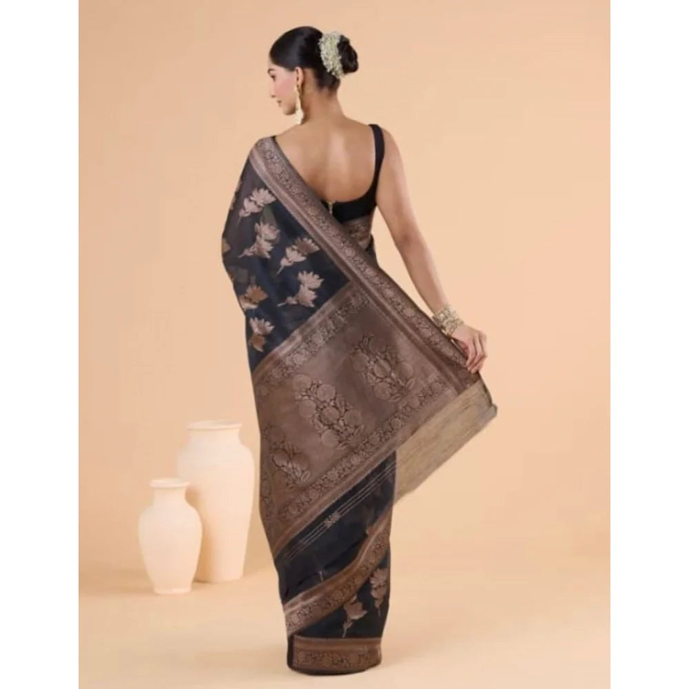 Women's Silk Printed Saree With Unstitched Blouse 5.5Mtr (Black)