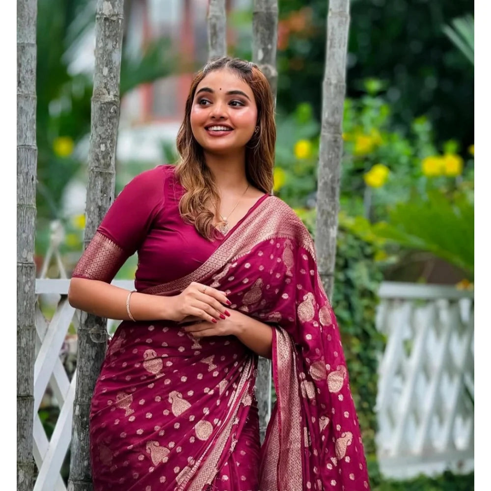 Women's Silk Printed Saree With Unstitched Blouse 5.5Mtr (Wine)