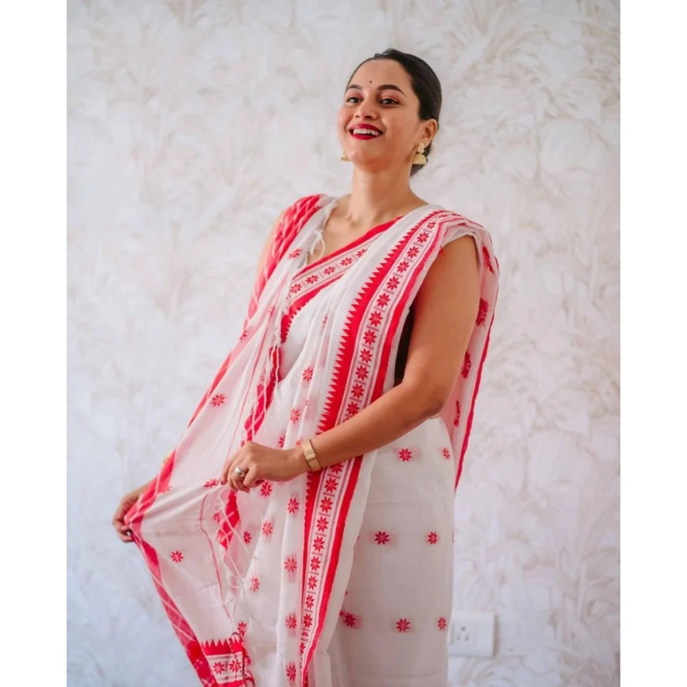 Women's Cotton  Printed Saree With Unstitched Blouse 5.5Mtr (White-Pink)