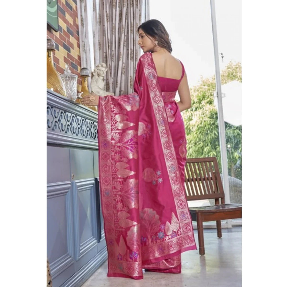 Women's Silk Printed Saree With Unstitched Blouse 5.5Mtr (Rani Pink)