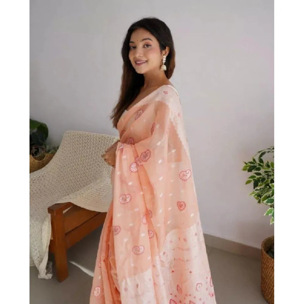 Women's Cotton  Printed Saree With Unstitched Blouse 5.5Mtr (Peach)