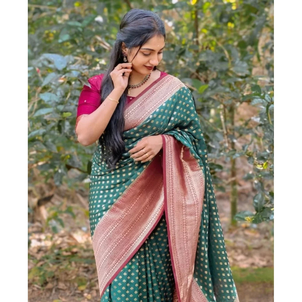 Women's Silk Printed Saree With Unstitched Blouse 5.5Mtr (Green-Red)