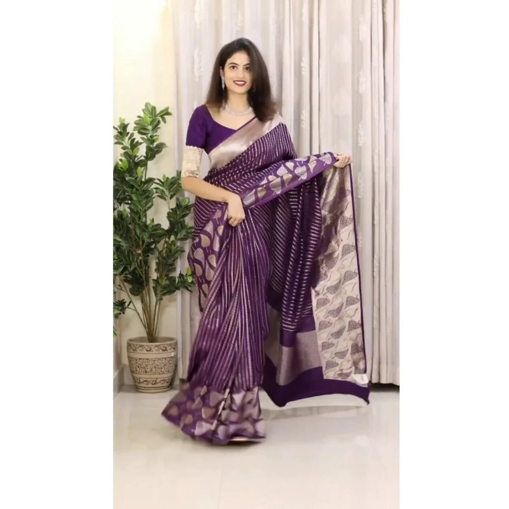 Women's Silk Printed Saree With Unstitched Blouse 5.5Mtr (Purple)