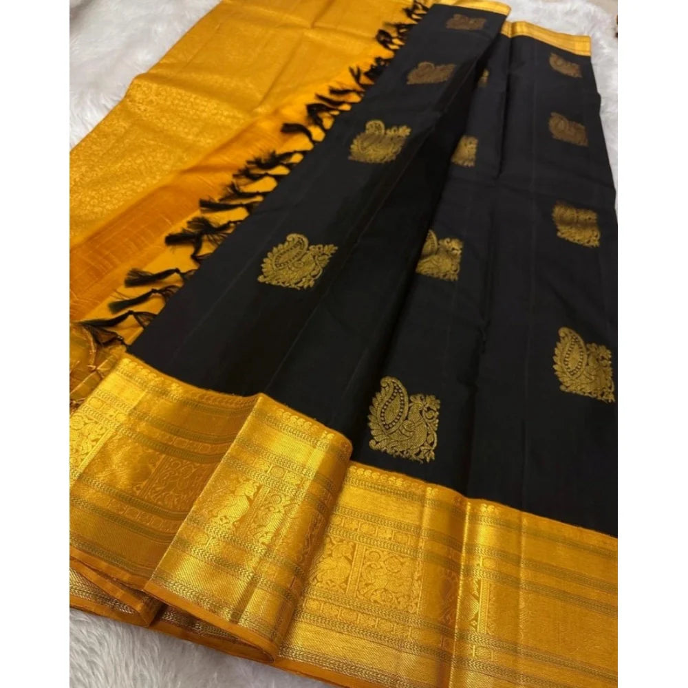 Women's Silk Printed Saree With Unstitched Blouse 5.5Mtr (Black)